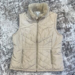 Calvin Klein Women's Faux Fur Trim Quilted Puffer Vest Lined Gold Zippers Warm
